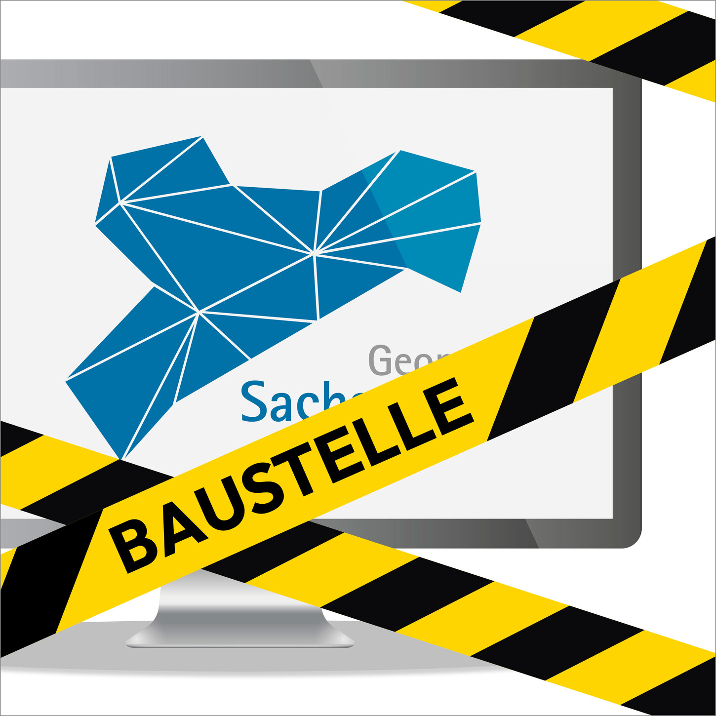 Monitor mit Geoportal Sachsenatlas wird von Baustellenabsperrband verdeckt